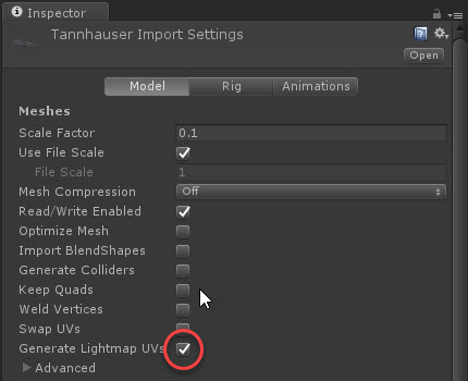 Model import settings with Generate Lightmap UVs enabled and highlighted.