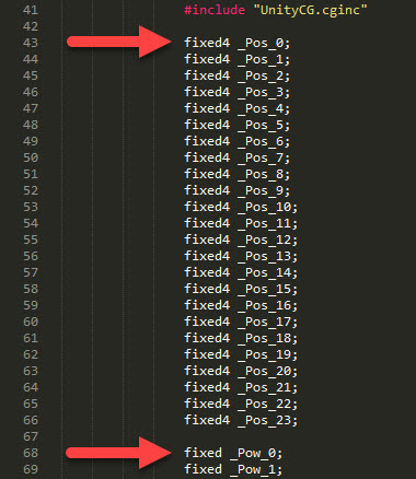 Shader position and power declarations for individual Force Field impact points.
