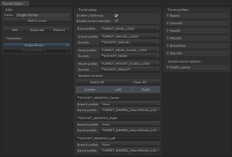 Single Mortar template in the Turret Editor with base, swivel, head, mount, and weapon selections.