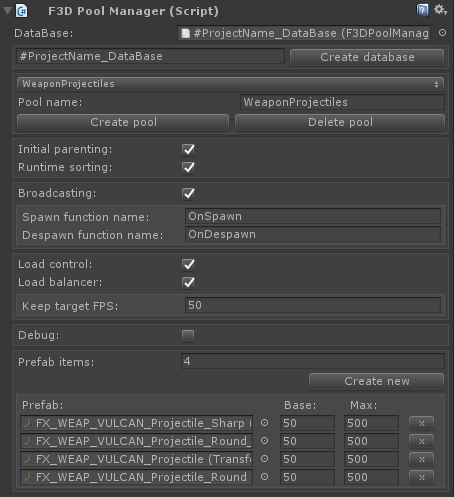 F3D Pool Manager inspector with prefab pools, spawn and despawn callbacks, and loading settings.
