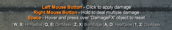 Damage FX debug controls: left click applies damage, right-button hold repeats damage, and Space resets the hovered object.