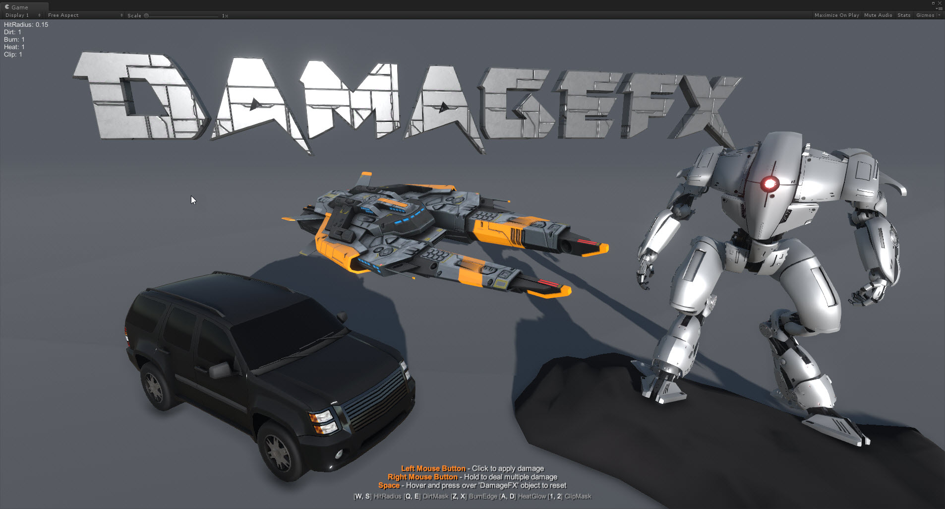 Damage FX example objects: a car, a spacecraft, and an armored humanoid robot.