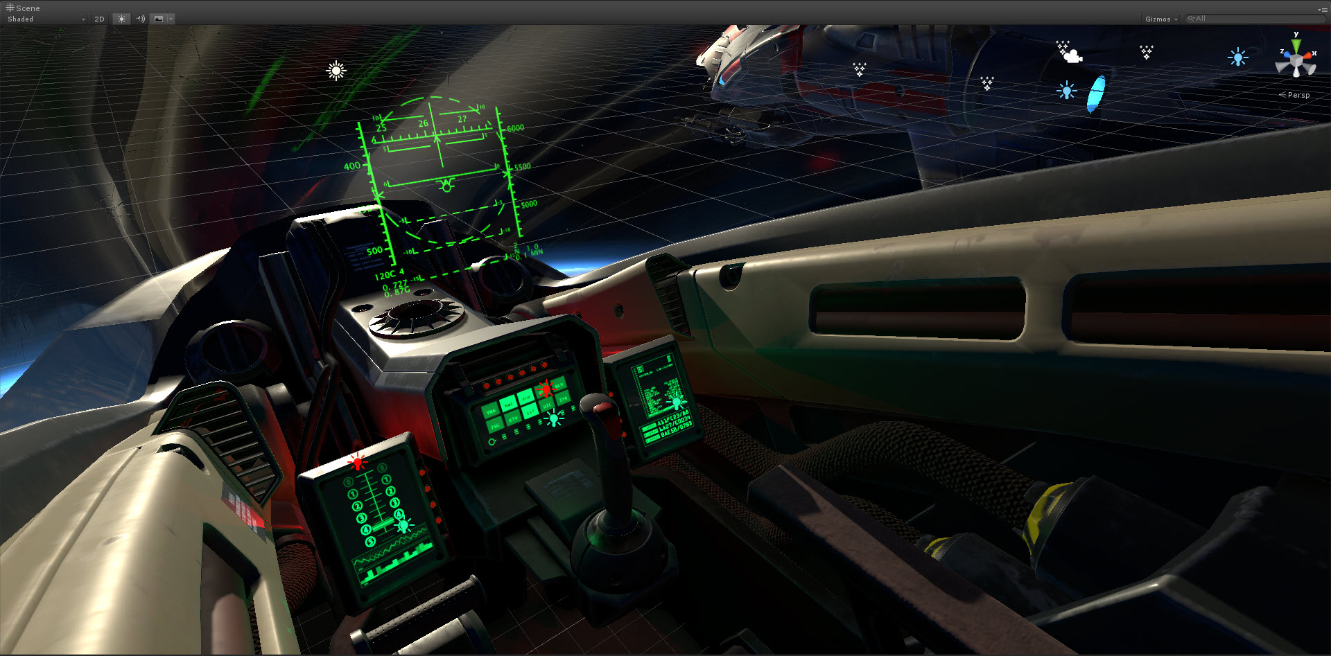 Wasp cockpit view with a heads-up display and green radar.