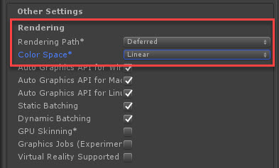 Unity Player rendering settings with Deferred rendering and Linear color space highlighted.