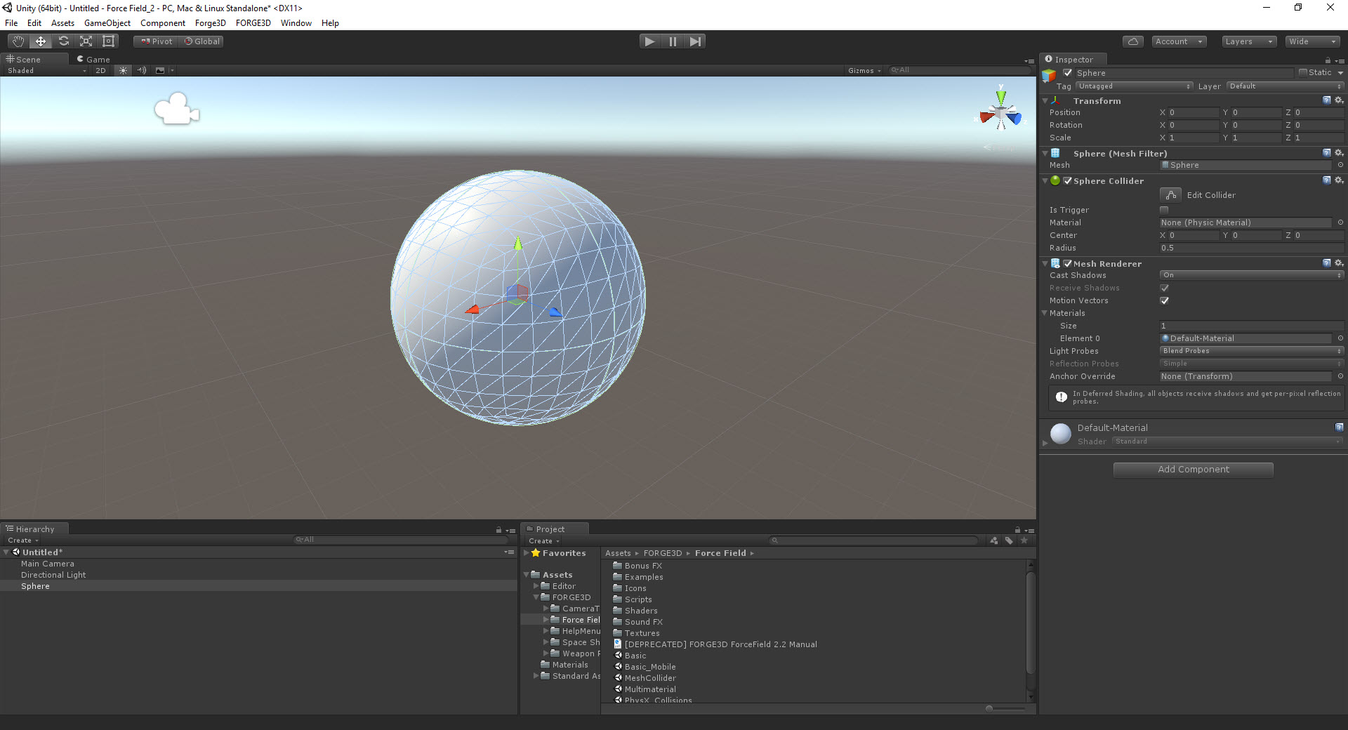 Wireframe sphere in the Unity scene view for shield geometry.