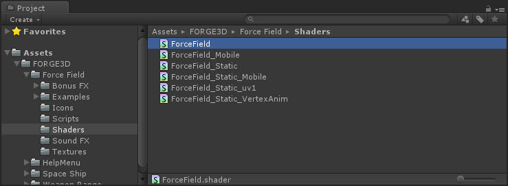 Unity Project window listing the six Force Field shader variants.