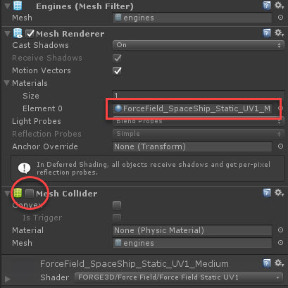 Mesh Renderer material assignment and Mesh Collider component highlighted in the inspector.
