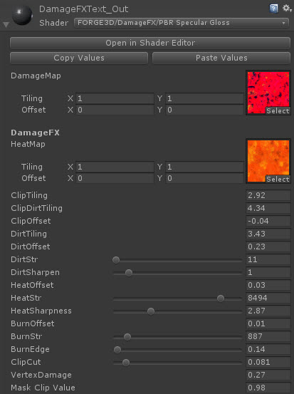 Damage FX material inspector with damage and heat maps and clipping, dirt, heat, and burn controls.