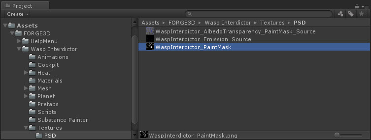Unity Project window showing the Wasp PSD texture source files.