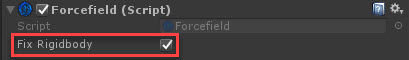 Forcefield inspector with Fix Rigidbody enabled and highlighted.