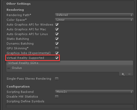 Legacy Unity Player settings with Virtual Reality Supported highlighted.