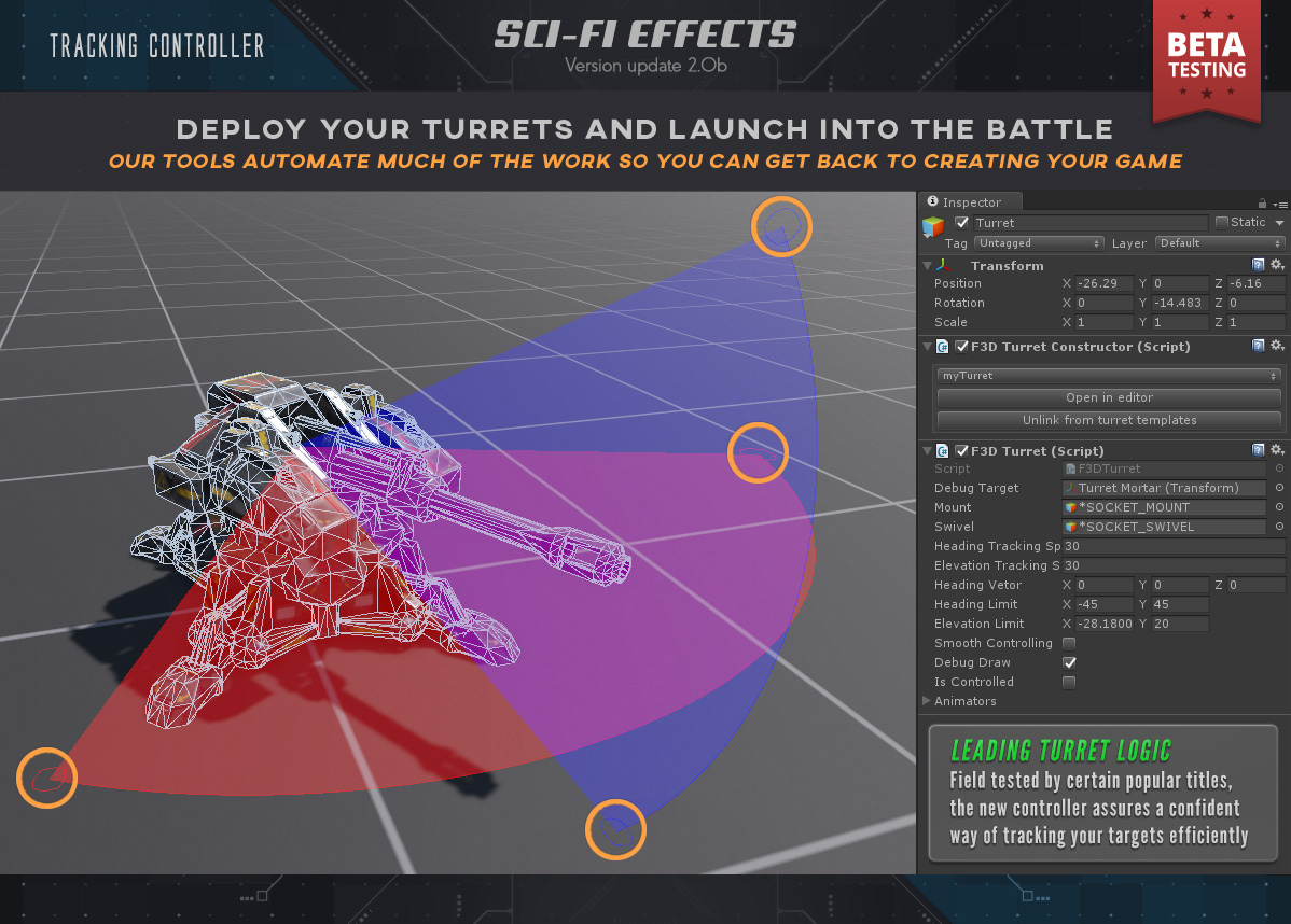 Turret model with tracking arcs and rotation limits displayed beside its controller inspector.