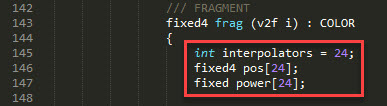 Shader code declaring 24 interpolators and position and power arrays of length 24.
