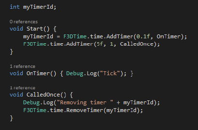 F3DTime code example adding repeating and one-shot timers and removing a timer by its ID.