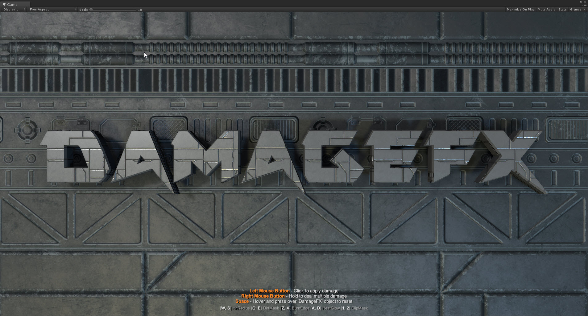 Damage FX example scene with damaged lettering on a wall.