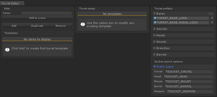 Empty Turret Editor with the Add button and part categories.