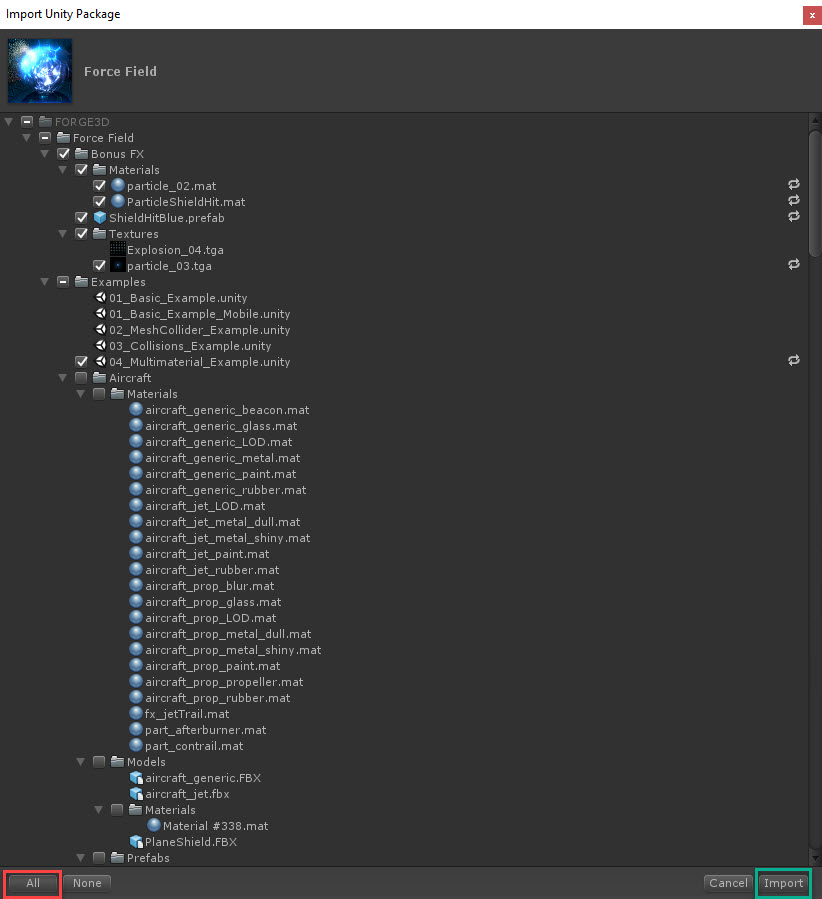 Import Unity Package dialog listing the Force Field package contents.