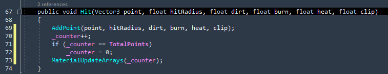 Damage FX Hit method adding an impact point, cycling the counter, and updating material arrays.