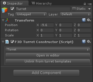 F3D Turret Constructor inspector with Open in editor and Unlink from turret templates buttons.