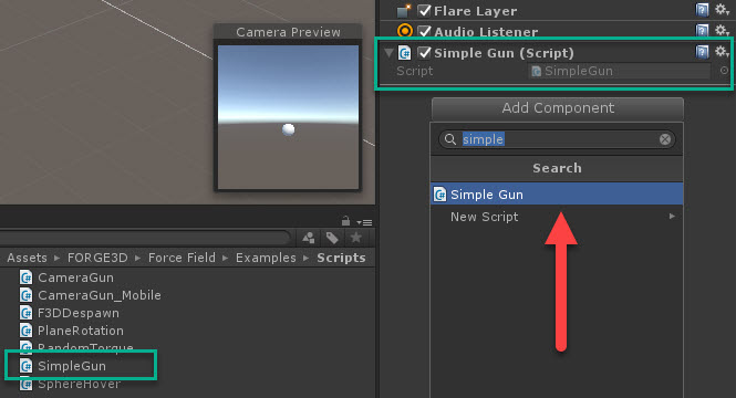 SimpleGun script asset and its component attached to a camera in Unity.