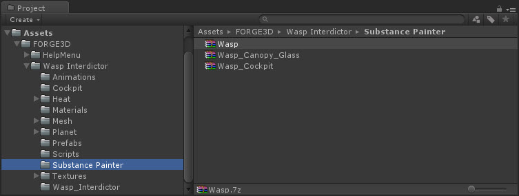 Unity Project window showing the Wasp Substance Painter source files.