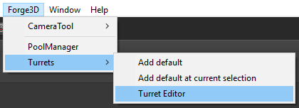 Turret Editor can be accessed from the Window/FORGE3D/Turrets/Turret Editor menu