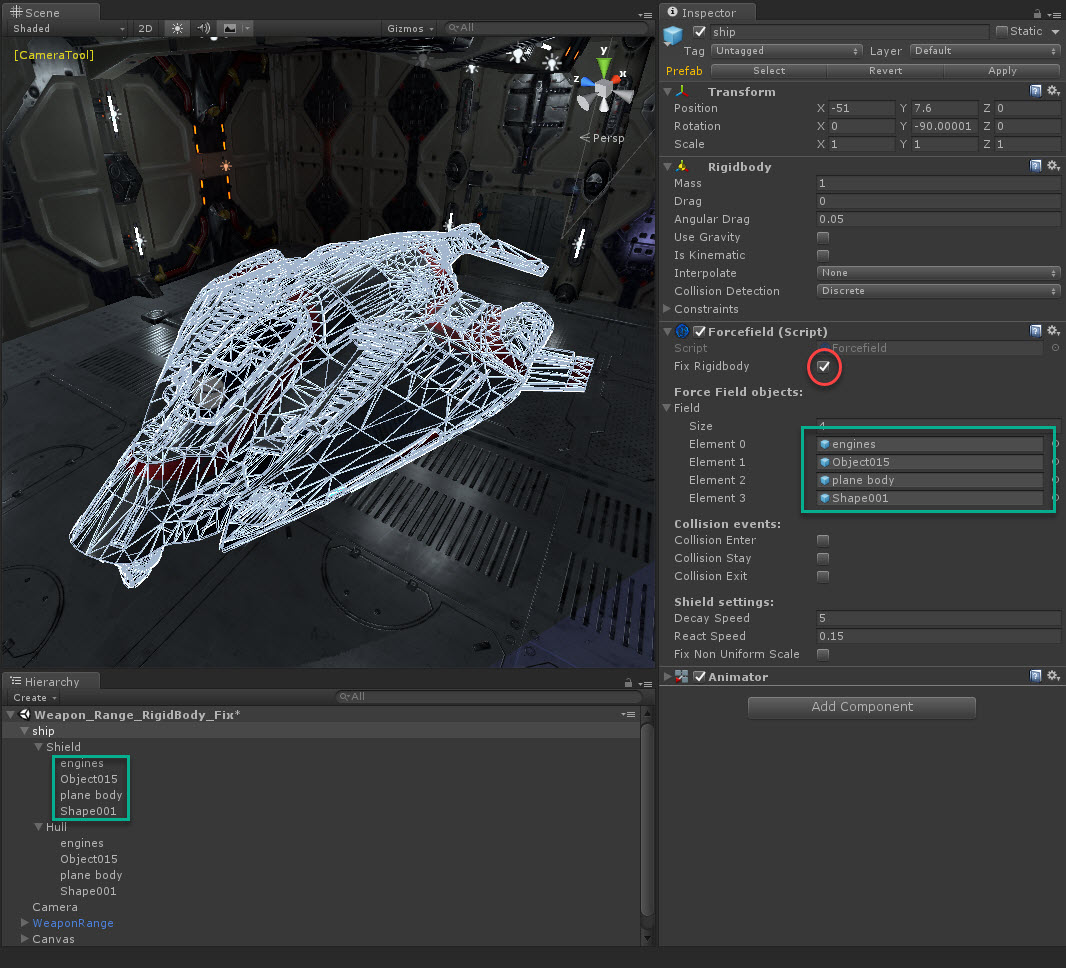 Spacecraft shield wireframe and its Forcefield settings in the Unity editor.