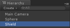 Unity hierarchy with Main Camera, Sphere, and the selected Shield object.