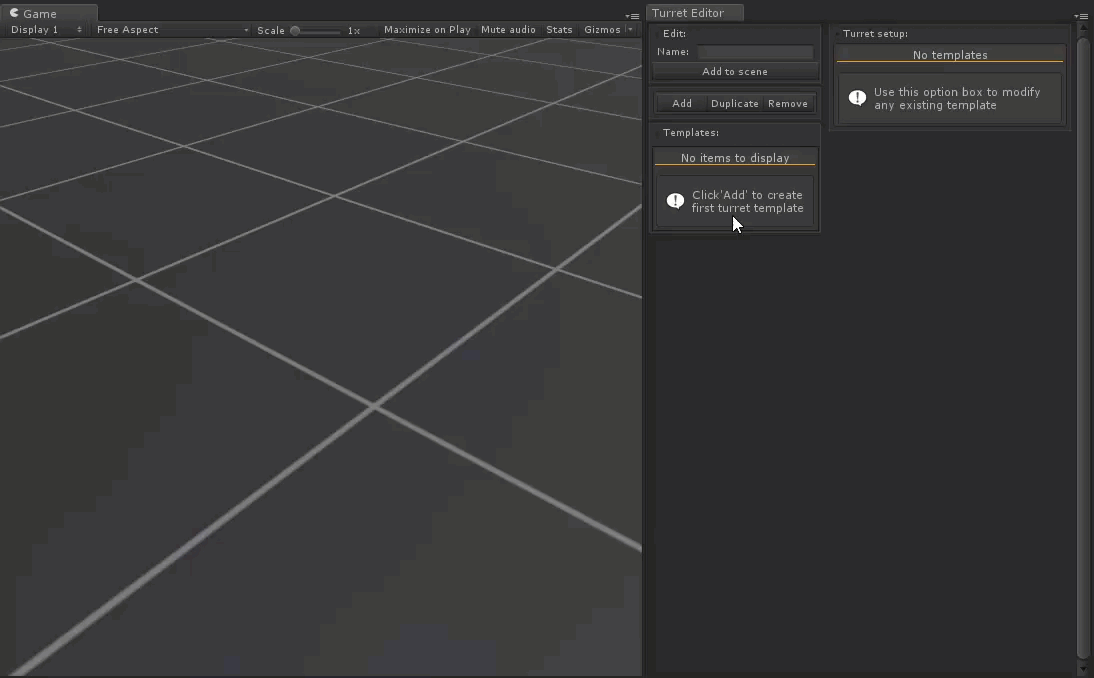 Unity scene and Turret Editor shown together during turret setup.