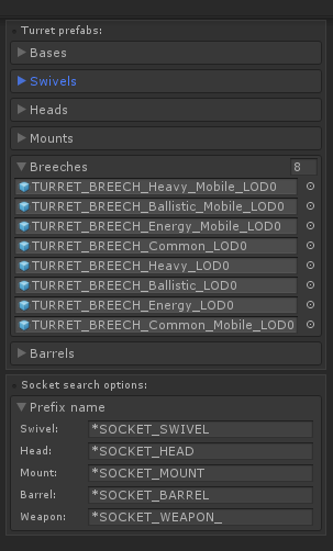 Turret prefab categories with the Breeches list expanded.