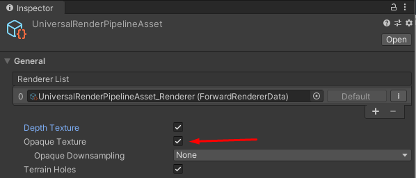URP Asset inspector with Depth Texture and Opaque Texture enabled.