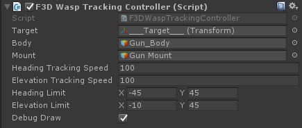 Wasp Tracking Controller inspector with target, body, mount, speed, and rotation-limit fields.