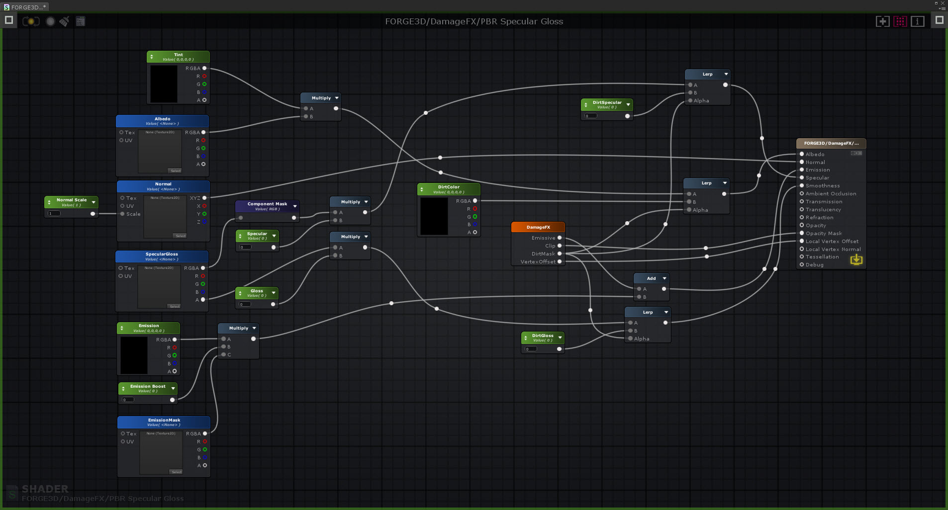 Damage FX node connections in the Amplify Shader Editor.