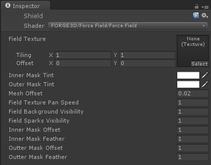Shield material inspector showing the Force Field shader and texture and mask settings.